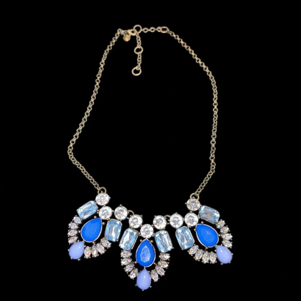 J Crew Clear Blue Rhinestone Antique Gold Statement Necklace Stamped JB5